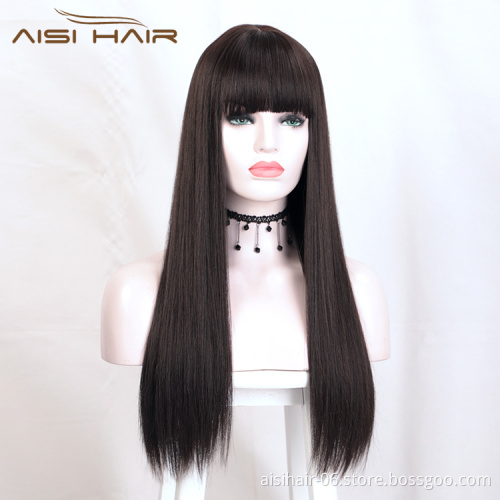 Aisi Hair Top Quality 24 Inch Long Silky Straight Black Lace Wig With Bangs Cheap Synthetic Hair Lace Front Wigs For Women